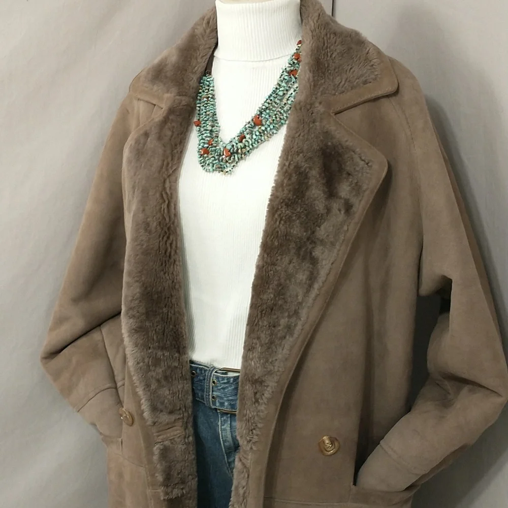 Vintage Shearling Coat USA Made Sawyer Napa Taupe Maxi Oversized Warm SeeMeasure - Picture 3 of 16